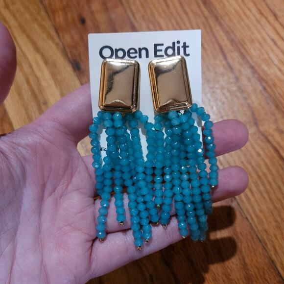 Open Edit @ Nordstrom Beaded Fringe Clip-On Earrings in Green-Gold - Picture 4 of 8